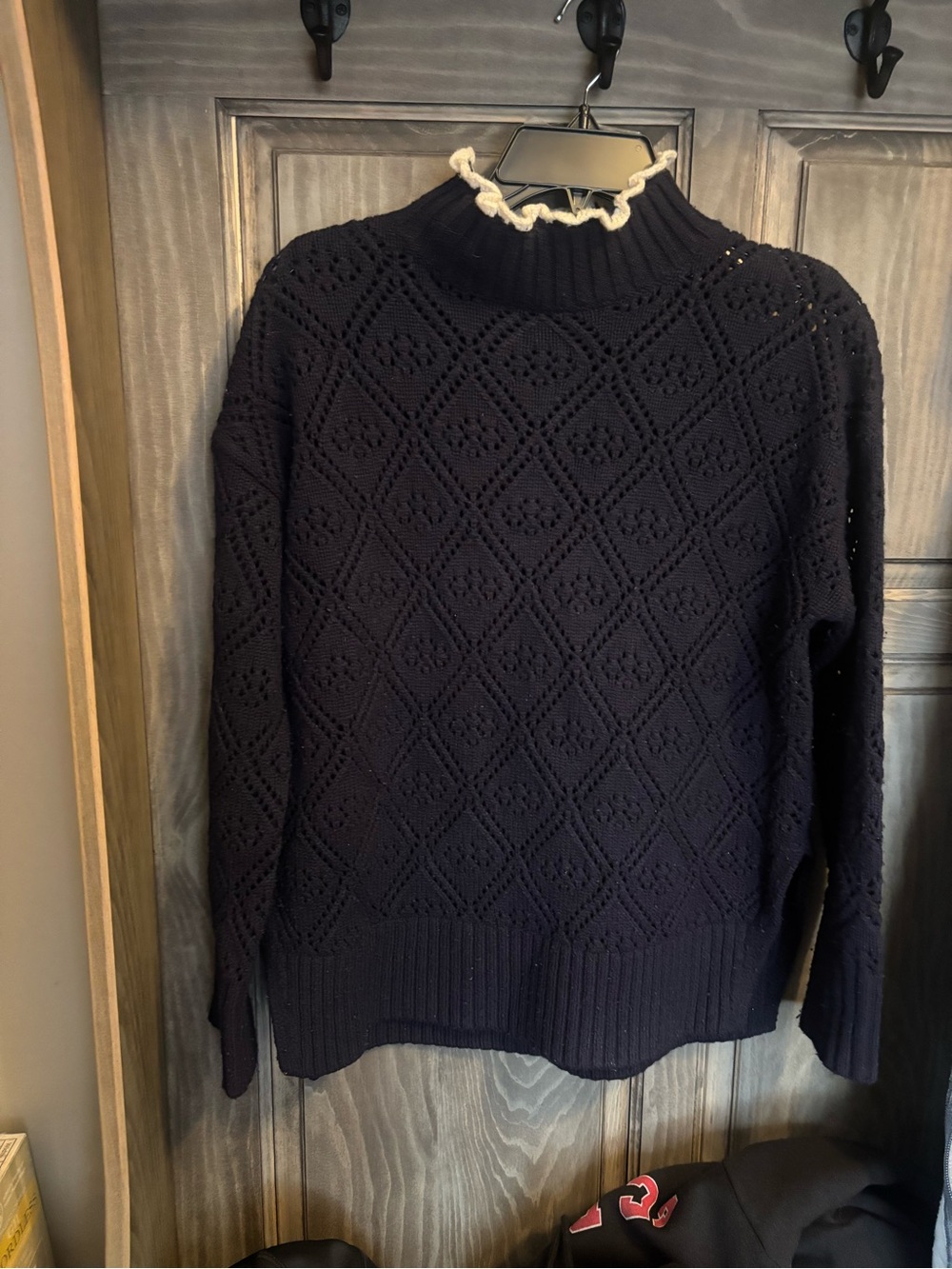 Sézane Women’s Navy Knit Diamond Sweater with Contrast Ruffle Collar